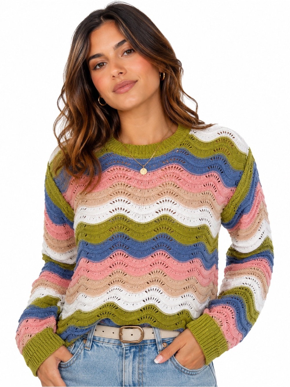 Butter Melon Women’s Size L 100% Cotton Crochet Wave Knit Sweater Multicolor